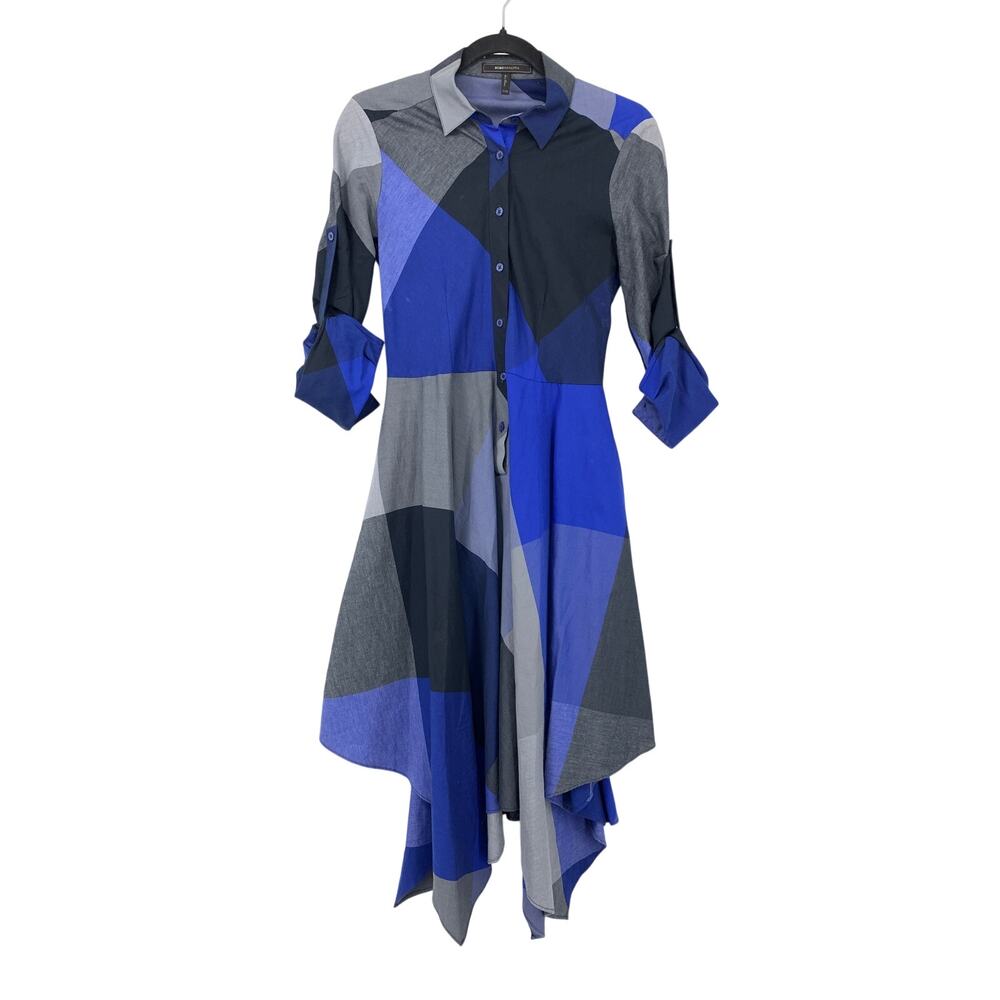 BCBGMaxAzria Asymmetrical Hem Shirt Dress Womens Sz XXS Blue Gray Black Plaid